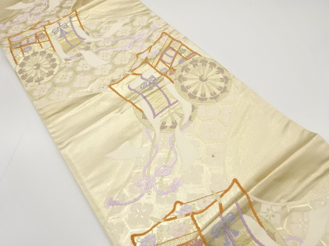 JAPANESE KIMONO / ANTIQUE FUKURO OBI / SILK / WOVEN CARRIAGE & FLORAL KIKKO